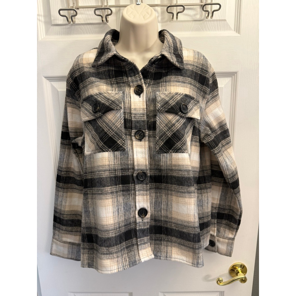 BB Dakota by Steve Madden plaid flannel shirt shacket black/cream size M